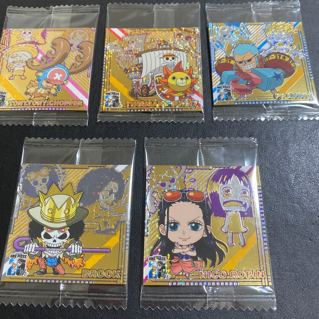 One Piece 25th anniversary wafer sticker set featuring Chopper, Thousand Sunny, Frankie, Brook, and Robin