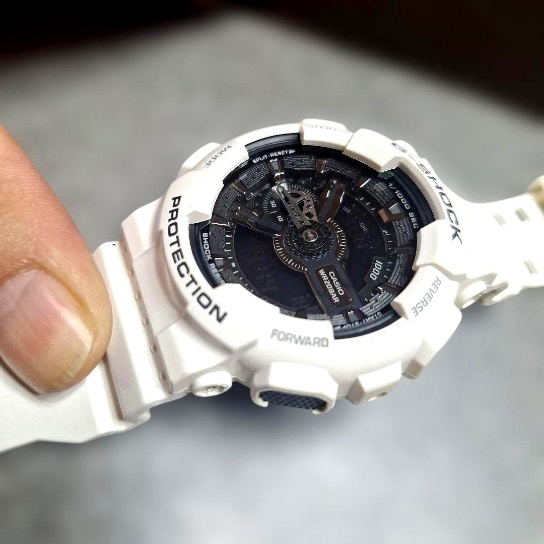 Casio G-Shock GA-110GW white digital and analog watch with shockproof structure and water resistance