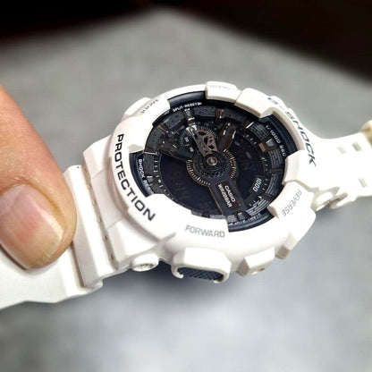 Casio G-Shock GA-110GW white digital and analog watch with shockproof structure and water resistance