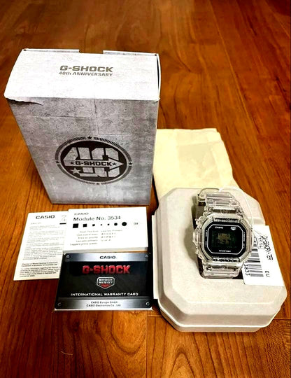 Casio G-Shock DW-5040RX-7ER 40th Anniversary watch with white resin band and protective film