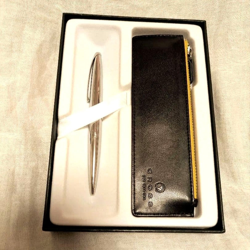 Cross Silver Ballpoint Pen with Leather Case and Box — Japan Import
