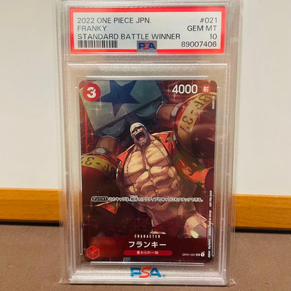 Bandai One Piece Franky Standard Battle Promo Card graded PSA 10 with minor scratches and case wear