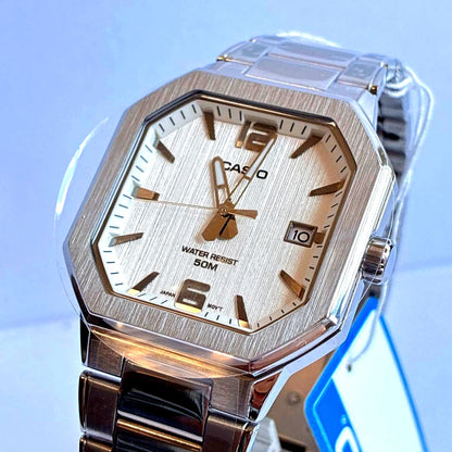 Casio MTP B195D silver and white wristwatch with metal strap shown on white background Japan import