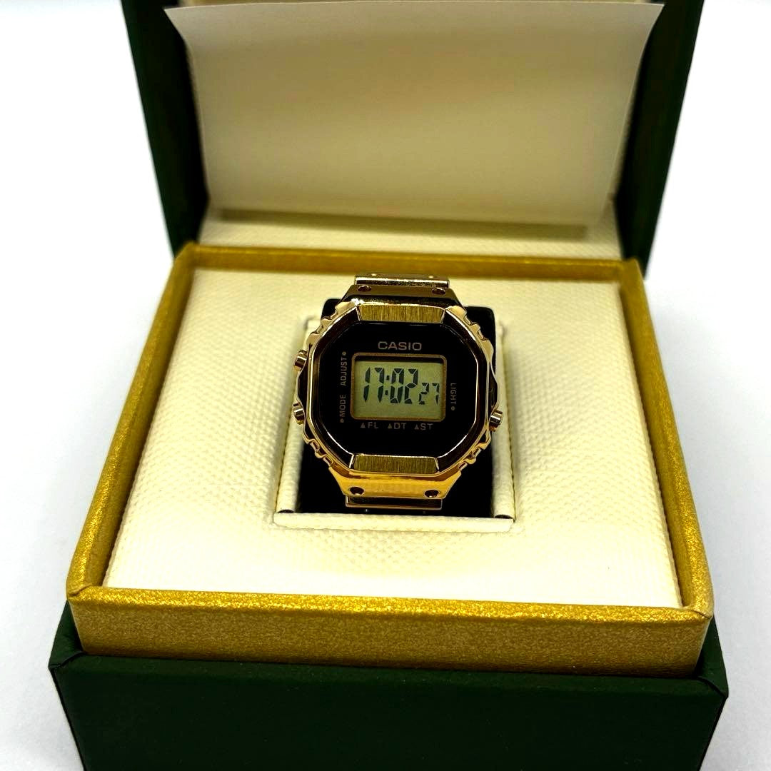 Gold Casio Ring Watch CRW-001G-9JR featuring digital display and stainless steel ring with gold ion plating