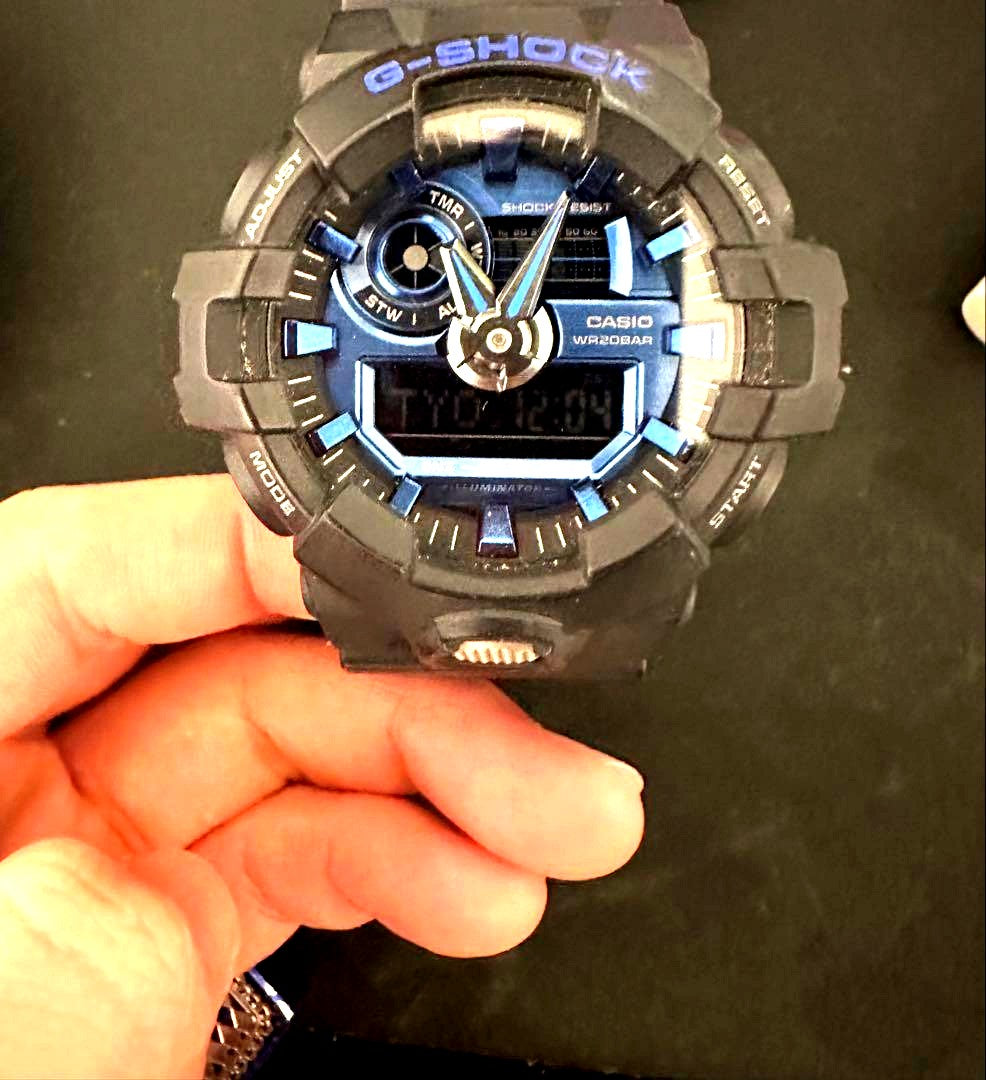 Casio G-Shock GA-710-1A2JF watch in black and blue with impact resistance features
