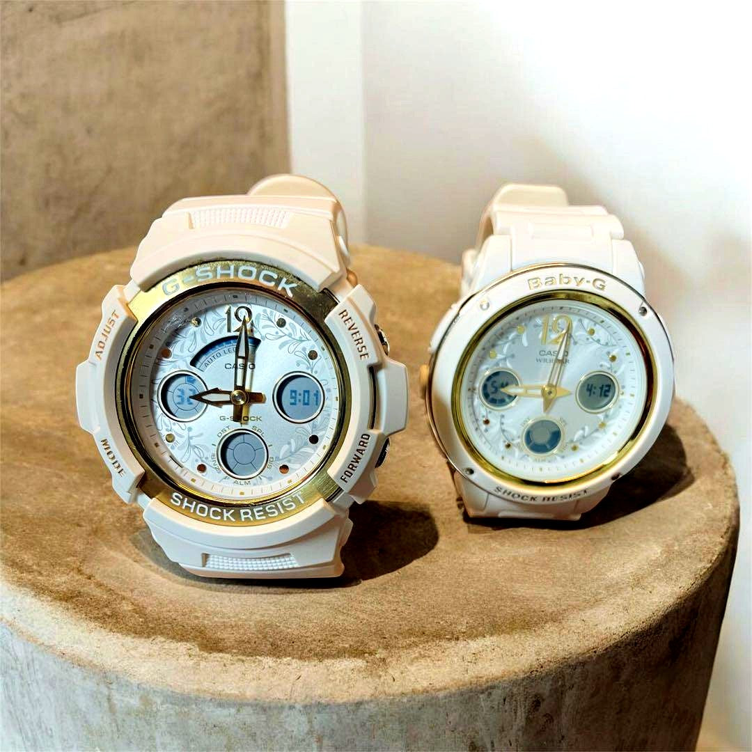 Casio G-Shock 2019 Christmas limited edition digital watch pair with rubber bands and stainless steel back