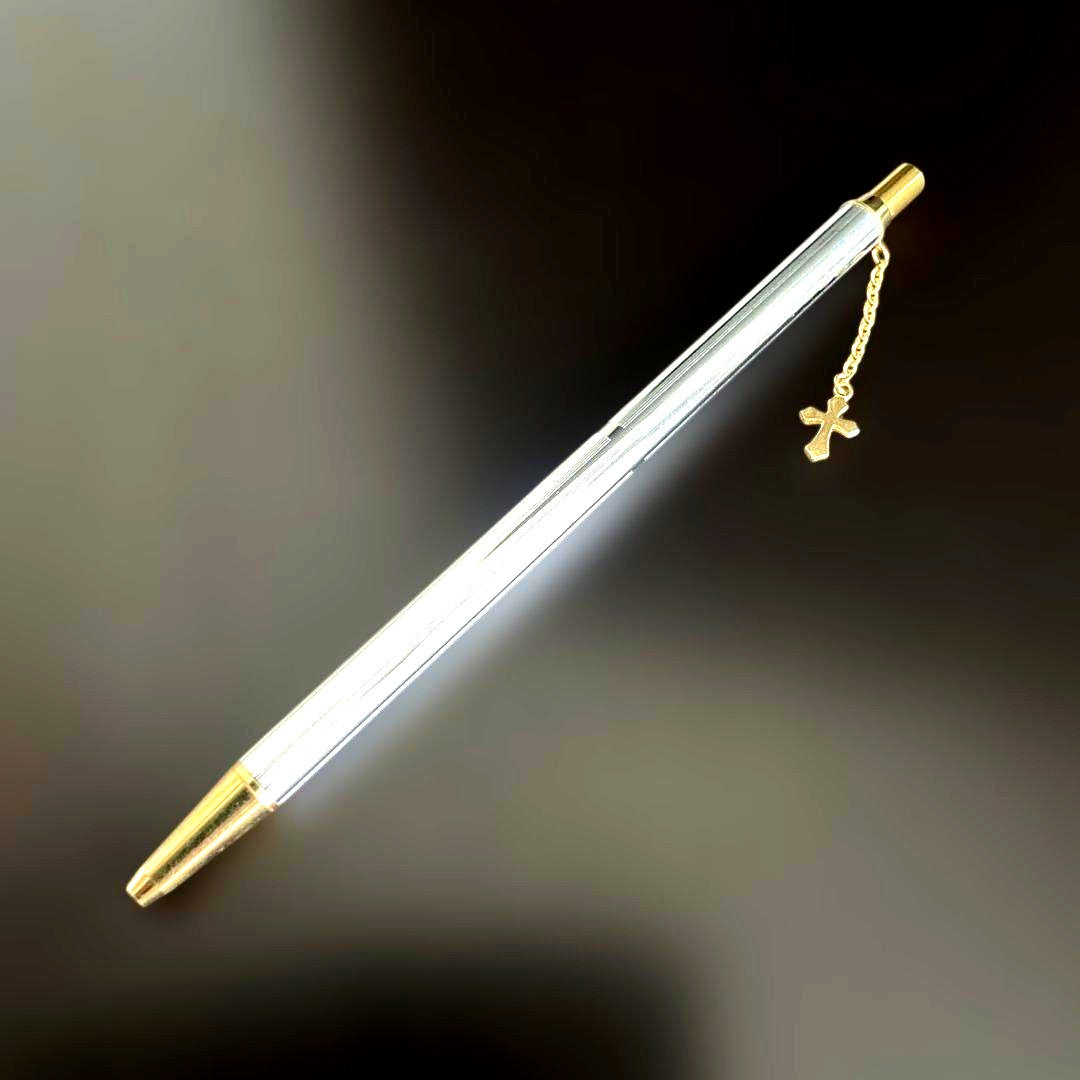 Pilot Showa silver ballpoint pen with gold cross decoration and gold-plated click mechanism