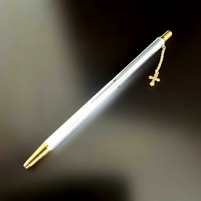 Pilot Showa silver ballpoint pen with gold cross decoration and gold-plated click mechanism
