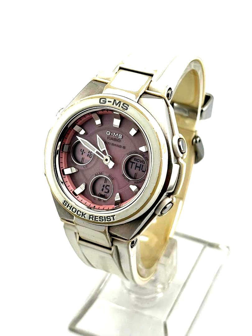 Casio Baby-G G-MS MSG-W100-7A2JF watch with white body and pink dial showing radio wave solar features