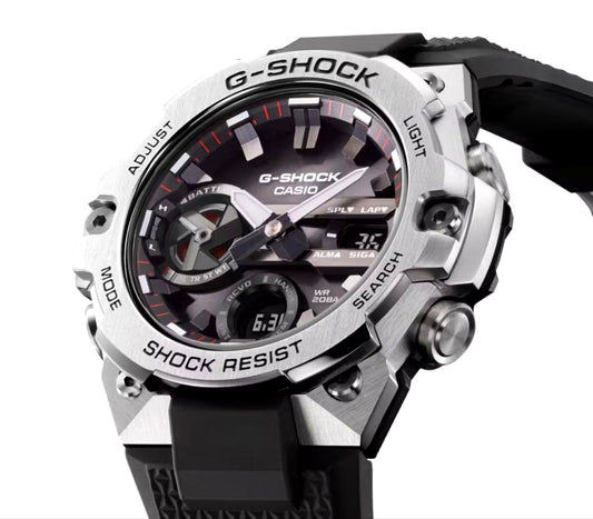 Casio G-Shock GST-B400-1AJF Toughness Watch with resin and stainless steel band, silver case, Bluetooth, and solar charging