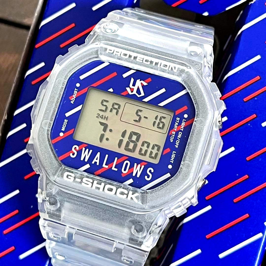 Casio G-Shock DW-5600 Swallows Model 2024 Tsubakuro collaboration watch showing digital display with backlight