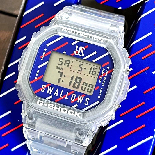 Casio G-Shock DW-5600 Swallows Model 2024 Tsubakuro collaboration watch showing digital display with backlight