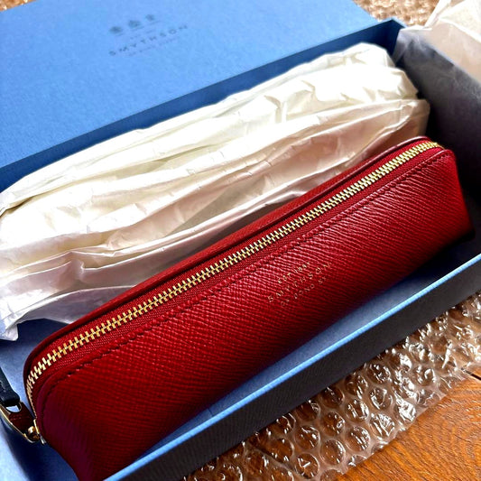 Smythson Panama Pencil Case in scarlet red cross-grain calf leather with original box from Italy