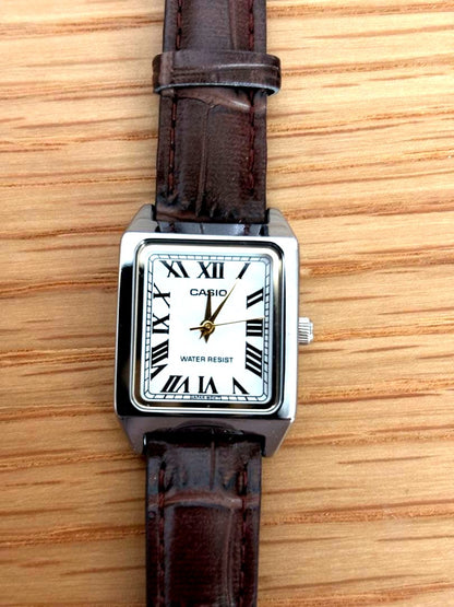 Casio Square Case Leather Strap Watch with Roman Numerals