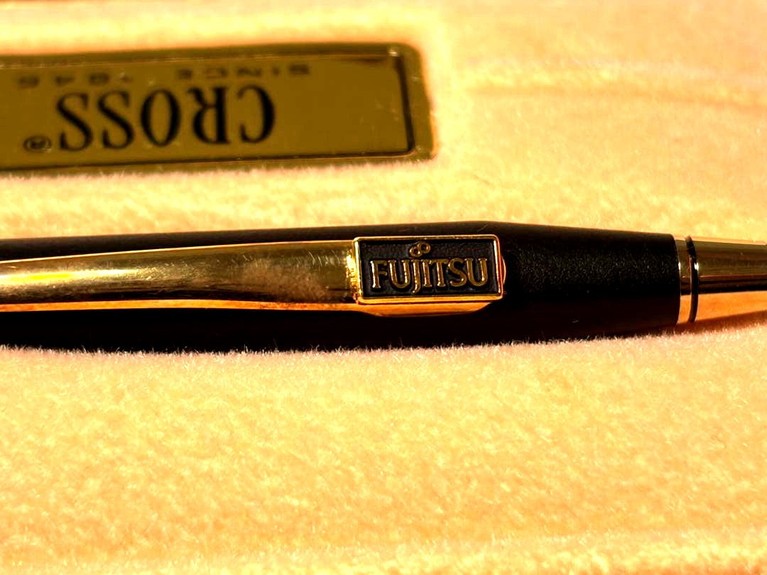 Cross Fujitsu Novelty black ballpoint pen with gold accents and Fujitsu logo plate in gift box