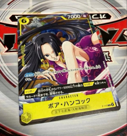 One Piece Monkey D. Luffy P-115 promo parallel trading card featuring Boa Hancock with verification images