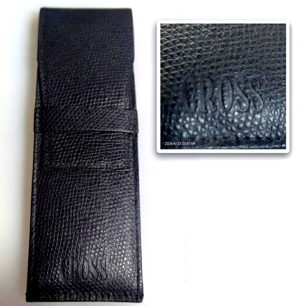 Black genuine leather Cross pen case with flap closure and embossed logo, slim profile business accessory