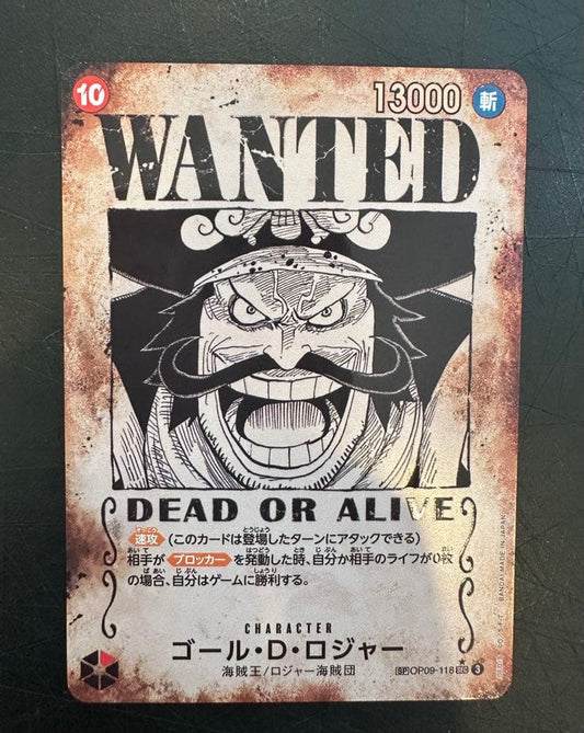 One Piece Monkey D. Luffy OP09-118 secret rare card featuring Gol D. Roger with 13000 power and Slash attribute