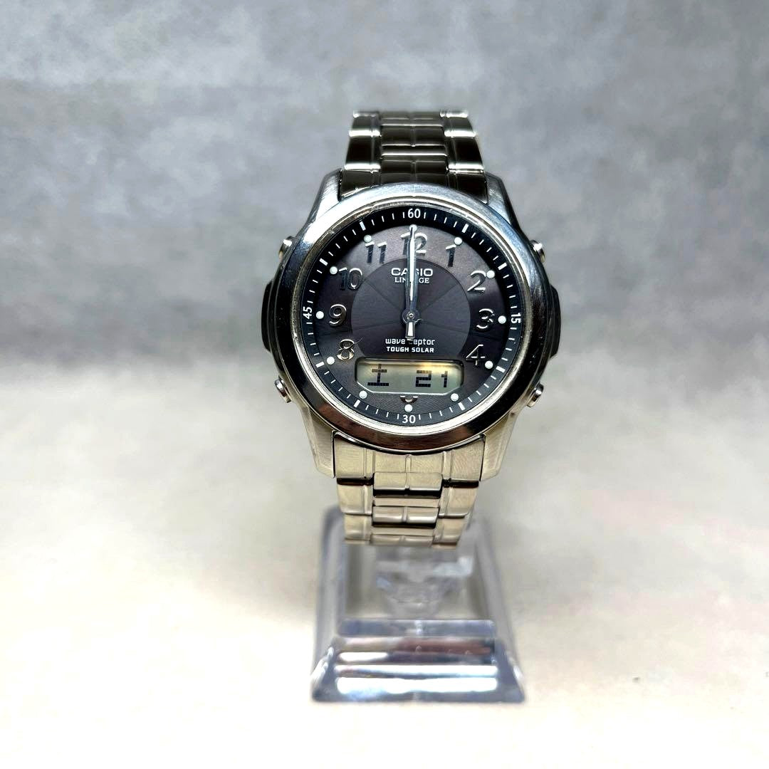 Casio Lineage Wave Ceptor LCW-100 silver solar watch with analog display and stainless steel band