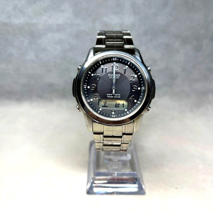 Casio Lineage Wave Ceptor LCW-100 silver solar watch with analog display and stainless steel band