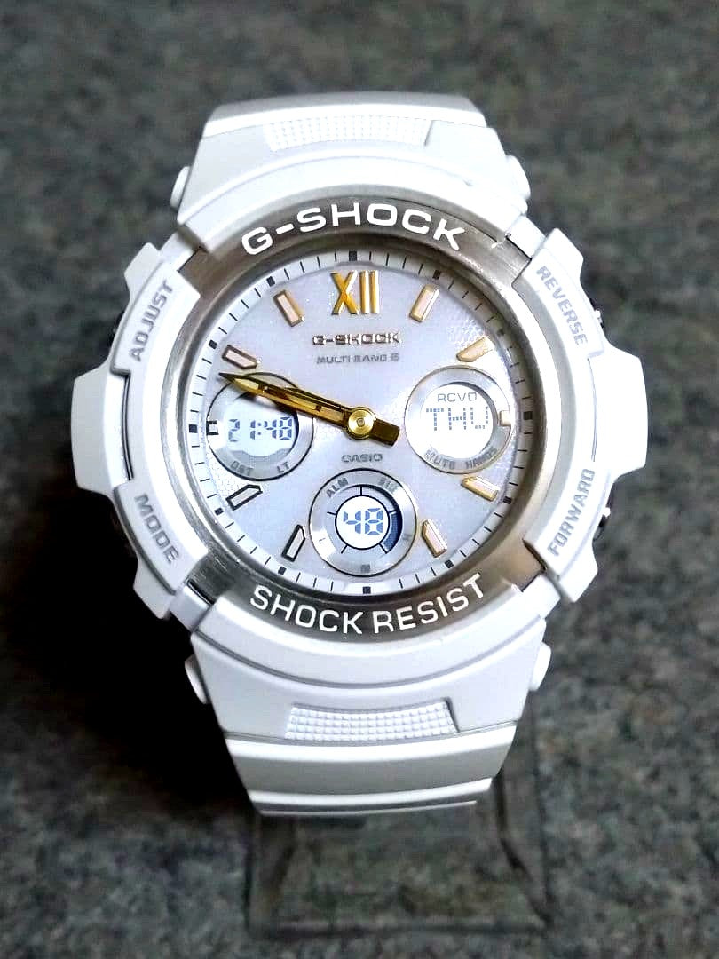 Casio G-Shock Tough Solar AWG-M100SGA-7AJF white and gold watch front view Japan import