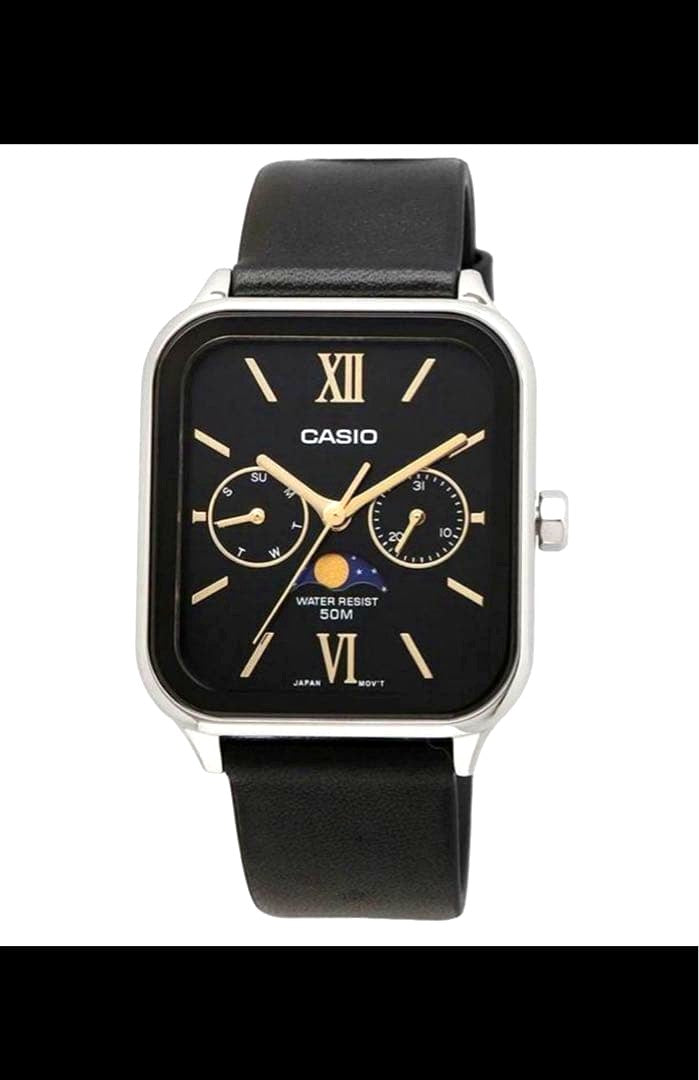 Casio MTP M305D-1A2V analog watch with black leather band and moon phase display on dial