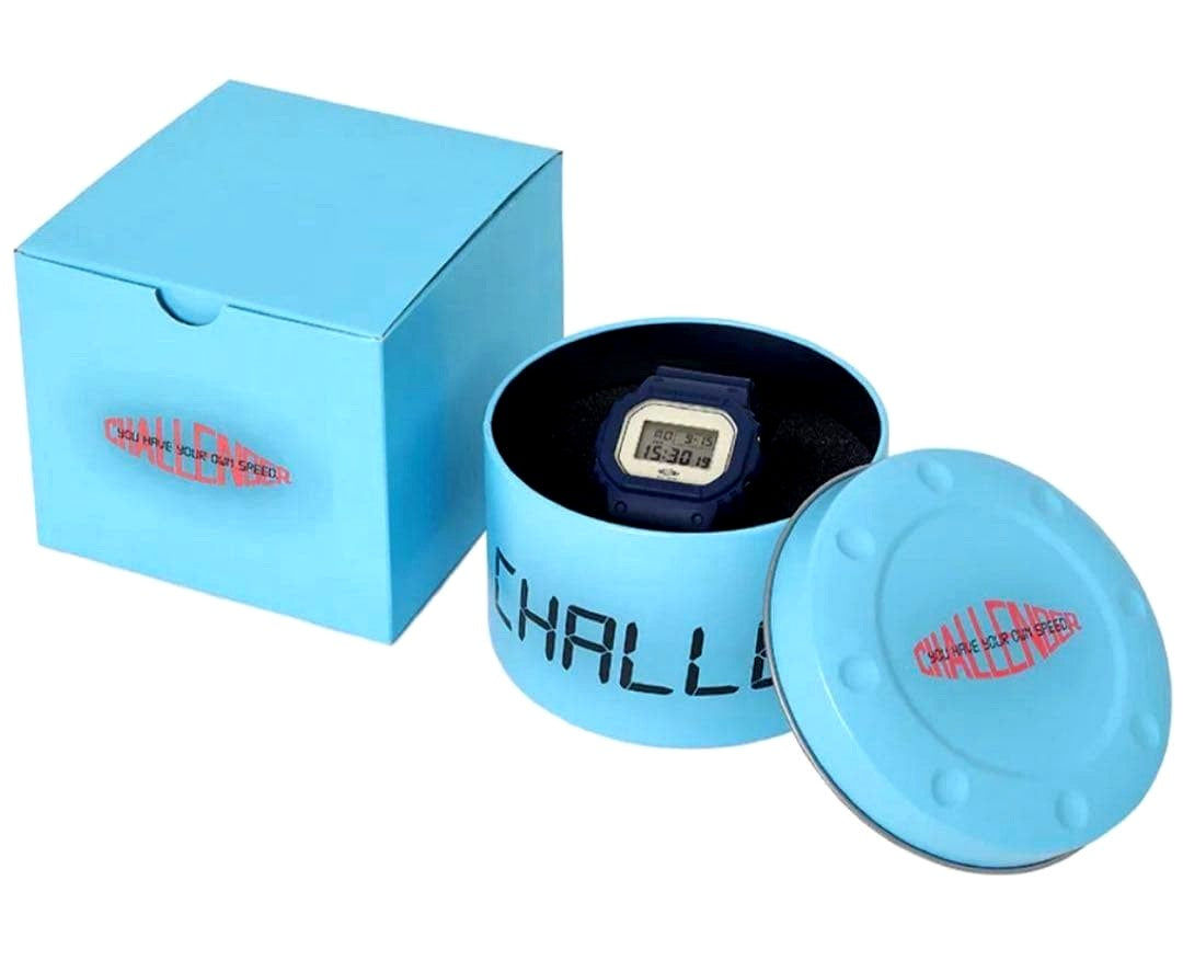 Casio G-Shock X Challenger DW-5600CH25-2JR digital watch with navy rubber band and digital display
