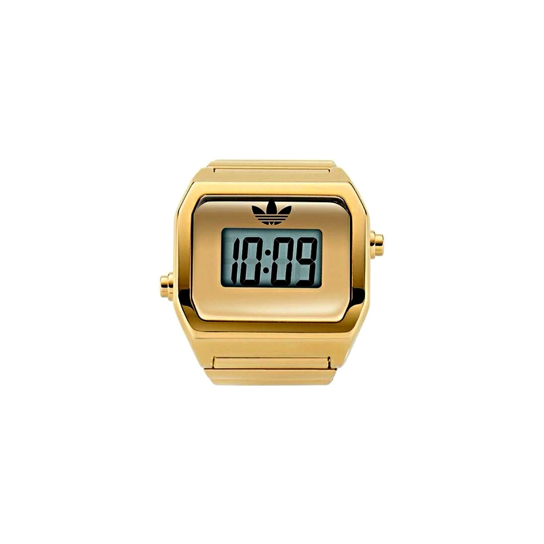 Adidas Digital Two Ring Watch model AOST26036 in gold with square digital display and stretchable bracelet