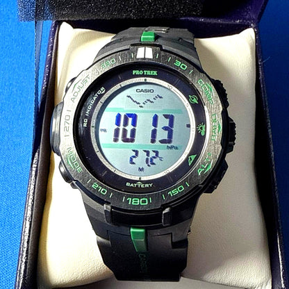 Casio PRO TREK PRW-S3100-1JF black and green watch with triple sensor and solar radio reception