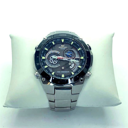 Casio Edifice silver watch with 44mm case and silver finish on a white background