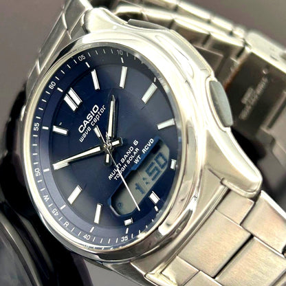 Casio Wave Ceptor WVA-M630D men's solar-powered radio controlled watch silver stainless steel band