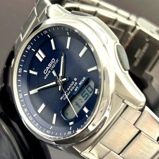 Casio Wave Ceptor WVA-M630D men's solar-powered radio controlled watch silver stainless steel band
