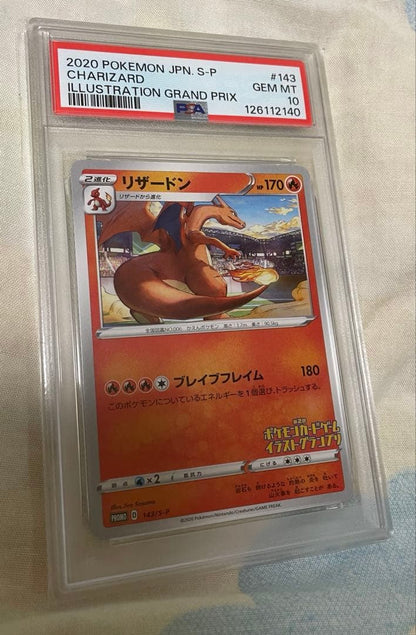 Bandai Charizard promotional trading card 143/S-P with PSA10 grade and Grand Prix illustration