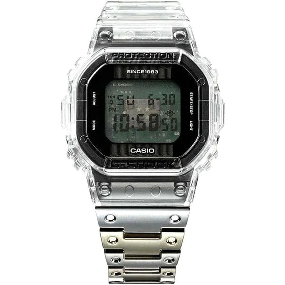 Casio G-Shock DWE-5640RX-7JR 40th Anniversary Limited Model watch with clear display and white band on watch stand