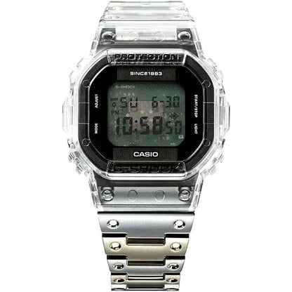 Casio G-Shock DWE-5640RX-7JR 40th Anniversary Limited Model watch with clear display and white band on watch stand