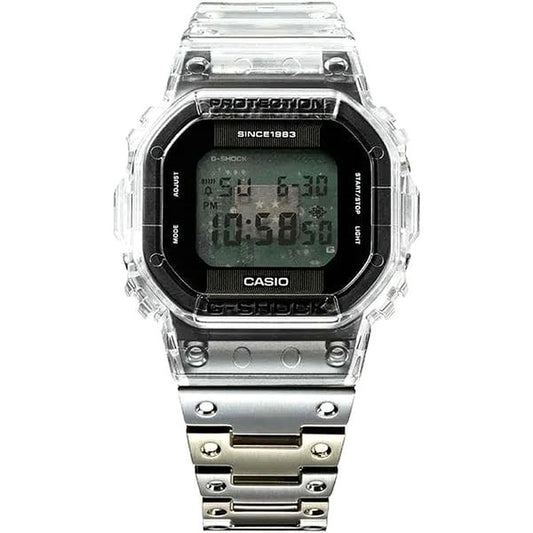 Casio G-Shock DWE-5640RX-7JR 40th Anniversary Limited Model watch with clear display and white band on watch stand