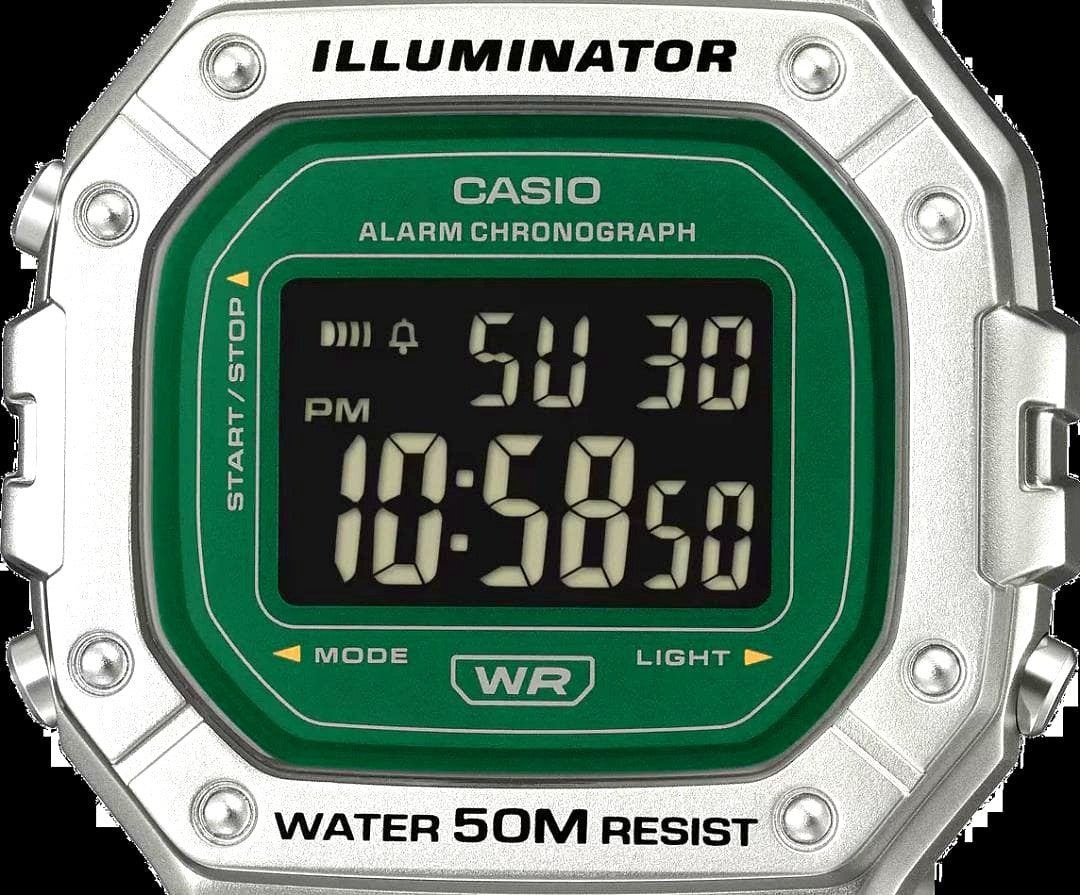 Casio W-218HD-3AVDF digital watch with green strap, 50M water resistance and 7-year battery