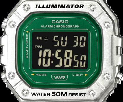 Casio W-218HD-3AVDF digital watch with green strap, 50M water resistance and 7-year battery