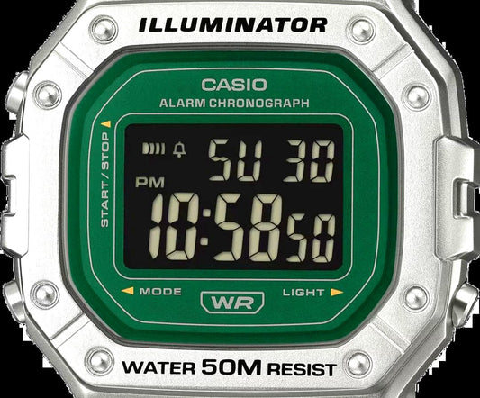 Casio W-218HD-3AVDF digital watch with green strap, 50M water resistance and 7-year battery
