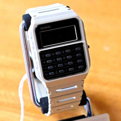 Casio Calculator Watch CA-53WF-8B with stainless steel and resin band showing calculator and digital display
