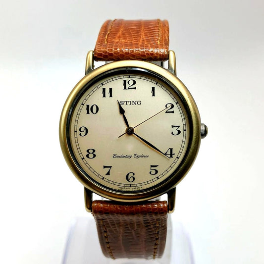 Casio Classic Design Analog Watch Model CASIO STING with vintage-style hands and light brown band