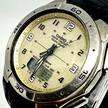 Casio Wave Ceptor WVA-470 solar radio watch with analog and digital display and champagne gold dial