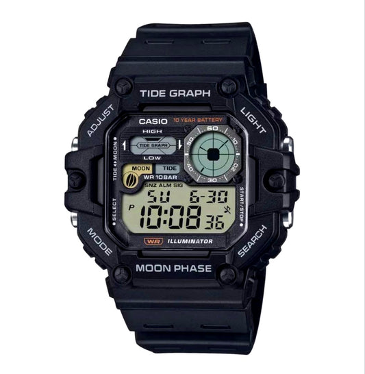 Casio WS-1700H-1AJF digital watch showing moon data and tide graph with LED backlight