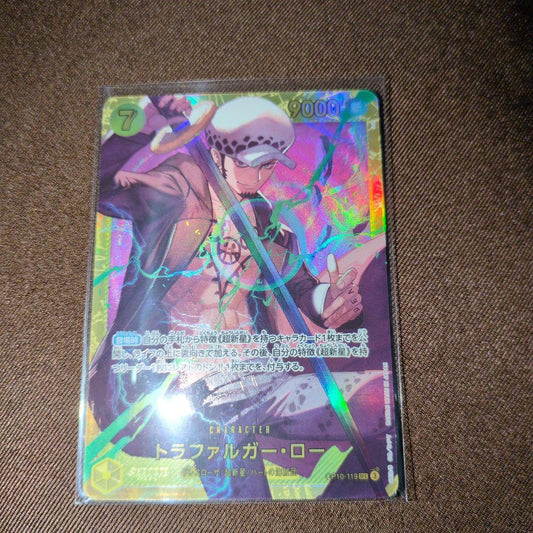 One Piece Trafalgar Law Secret Rare SEC card OP10-119 showing character and stats from Japan import