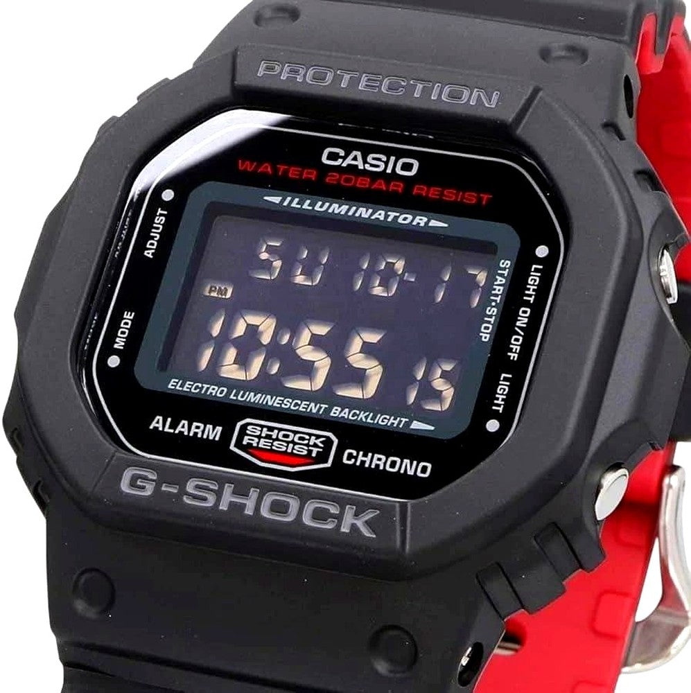 Casio DW-5600 Black & Red Series digital quartz watch showing time with 20 ATM water resistance