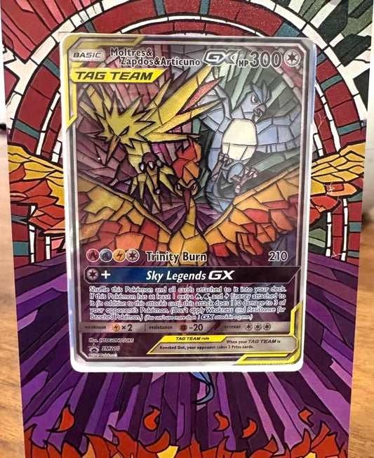 Taito Moltres & Zapdos & Articuno GX Tag Team Card SM210 sealed in original packaging with display