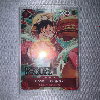 Monkey D. Luffy One Piece promotional card from Mos Burger collaboration stored in sleeve and coin case