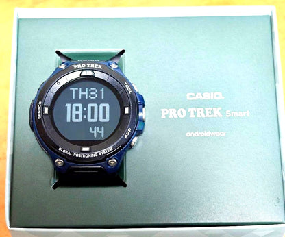 Casio Pro Trek Smart WSD-F20 digital watch with black front and navy sides, large display, shown from front angle