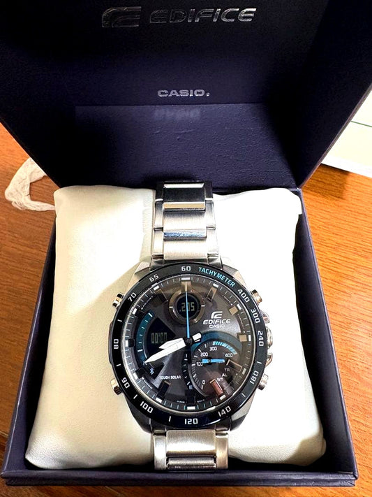Casio Edifice ECB-900DB-1B digital watch with tachymeter and Tough Solar system, stainless steel band