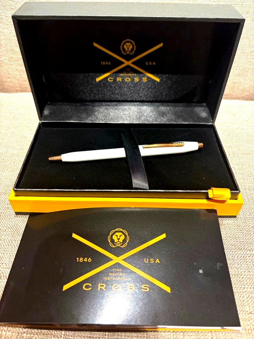 Cross Century II Pearl White Lacquer Ballpoint Pen with gold accents shown with dedicated case
